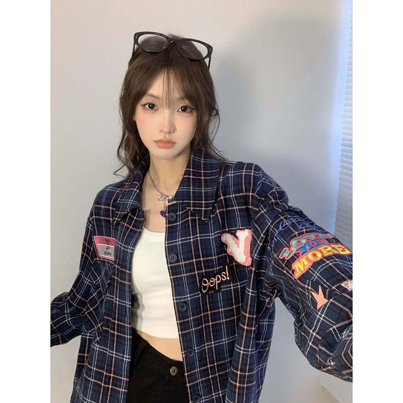 介彬花格子衬衫女初高中学生衬衣港味高街设计感印花格子衬衫宽松长袖