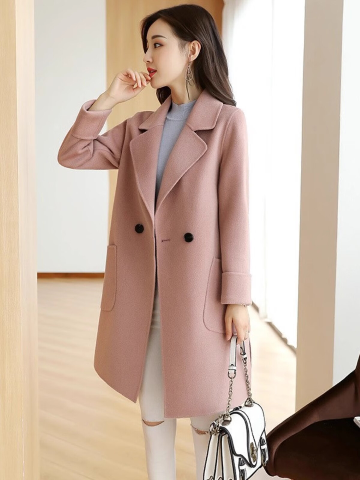 大衣女秋冬新款韩版中长款宽松显瘦呢子大衣2023时尚保暖潮 藕粉色 s