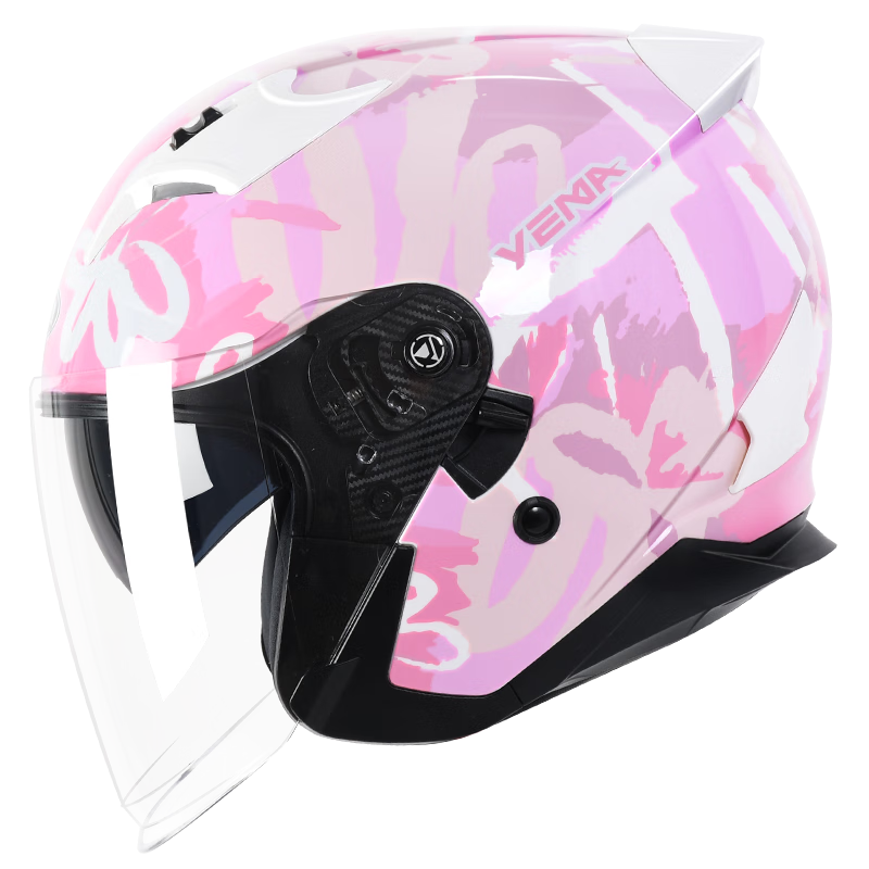 野马（YEMA）摩托车头盔电动车男女四季通用3C认证成人踏板四分之三盔安全帽 陶瓷白炫丽粉【透明+防雾贴】 2XL码