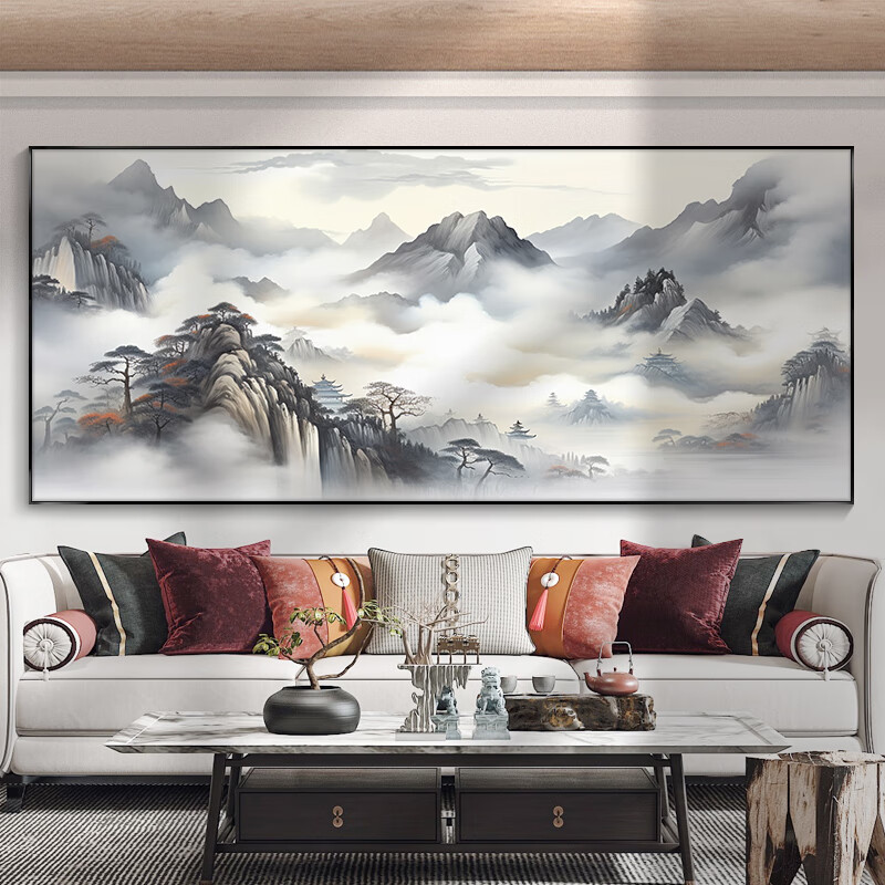 米聆山水画客厅挂画横幅新中式沙发背景墙装饰画办公室背有靠山风景画