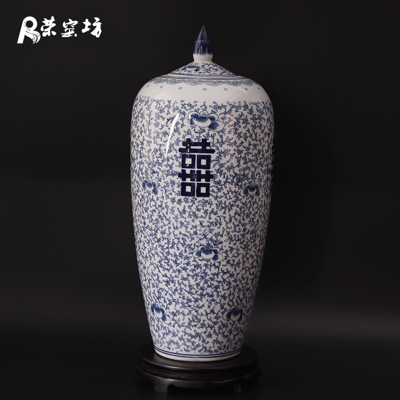 景德镇陶瓷器罐子 复古老式青花双喜罐带盖罐子中式装饰摆件喜字罐子