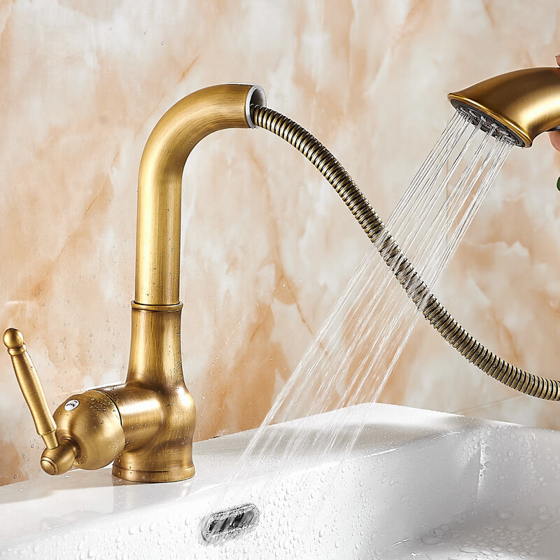 仁聚益仿古洗手盆水龙头家用洗脸盆抽拉式卫生间面盆冷热水欧式龙头