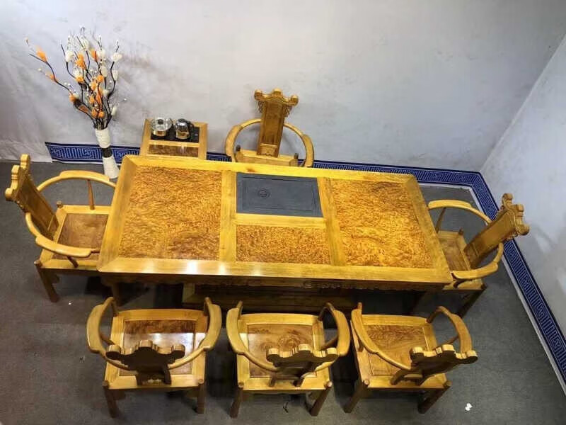 黄金樟大茶桌8件套220/100/78高端实木家具
