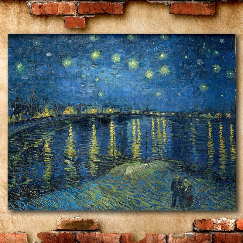 世界名画临摹用梵高罗纳河上的星夜无框画客厅办公室装饰画布画芯 45*