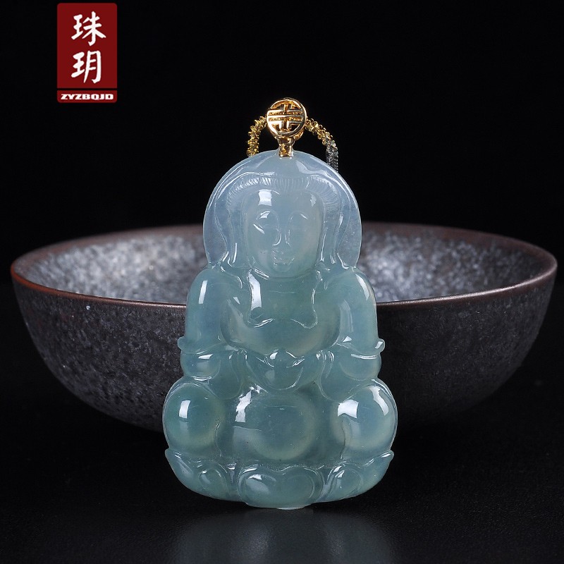珠玥珠宝    蓝水翡翠观音男 18k金扣观音玉吊坠玉器 玉坠女