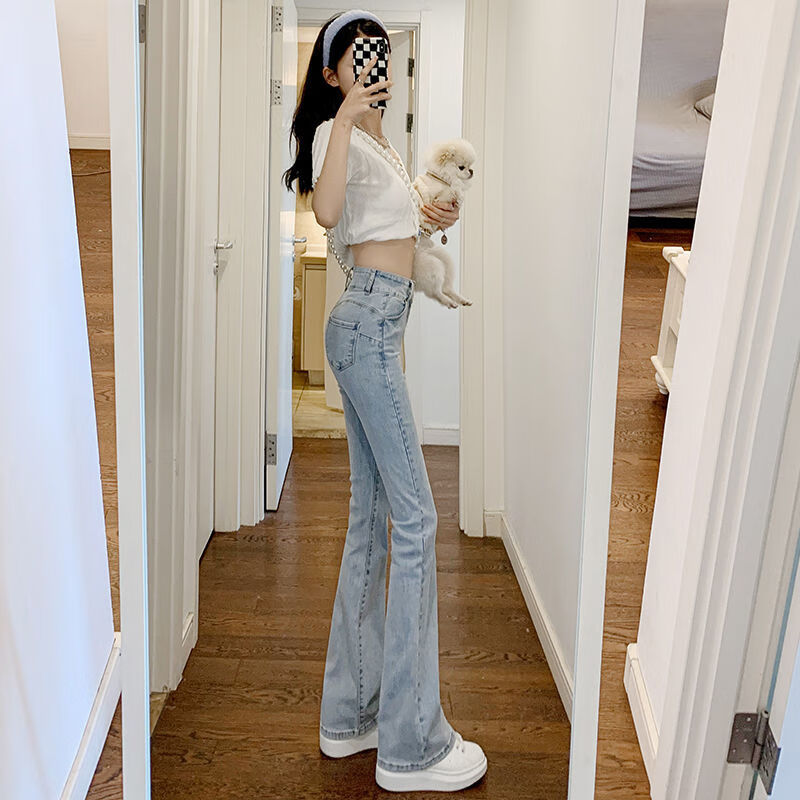 小个子女生穿的牛仔裤喇叭裤矮个子少女蜜桃臀高腰微喇叭牛仔裤女加绒