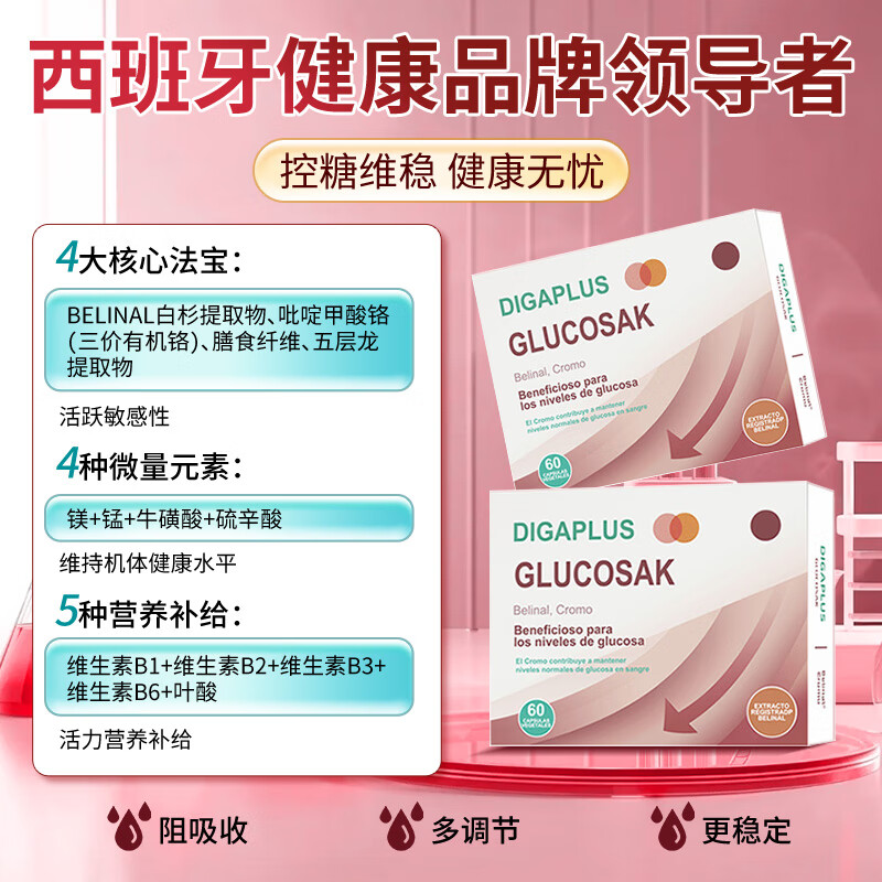 DIGAPLUS西班牙抗糖灵口服胰岛吡啶甲酸铬降高血糖平衡片糖尿病中老年调节 3盒周期装【糖值稳定不跳高】