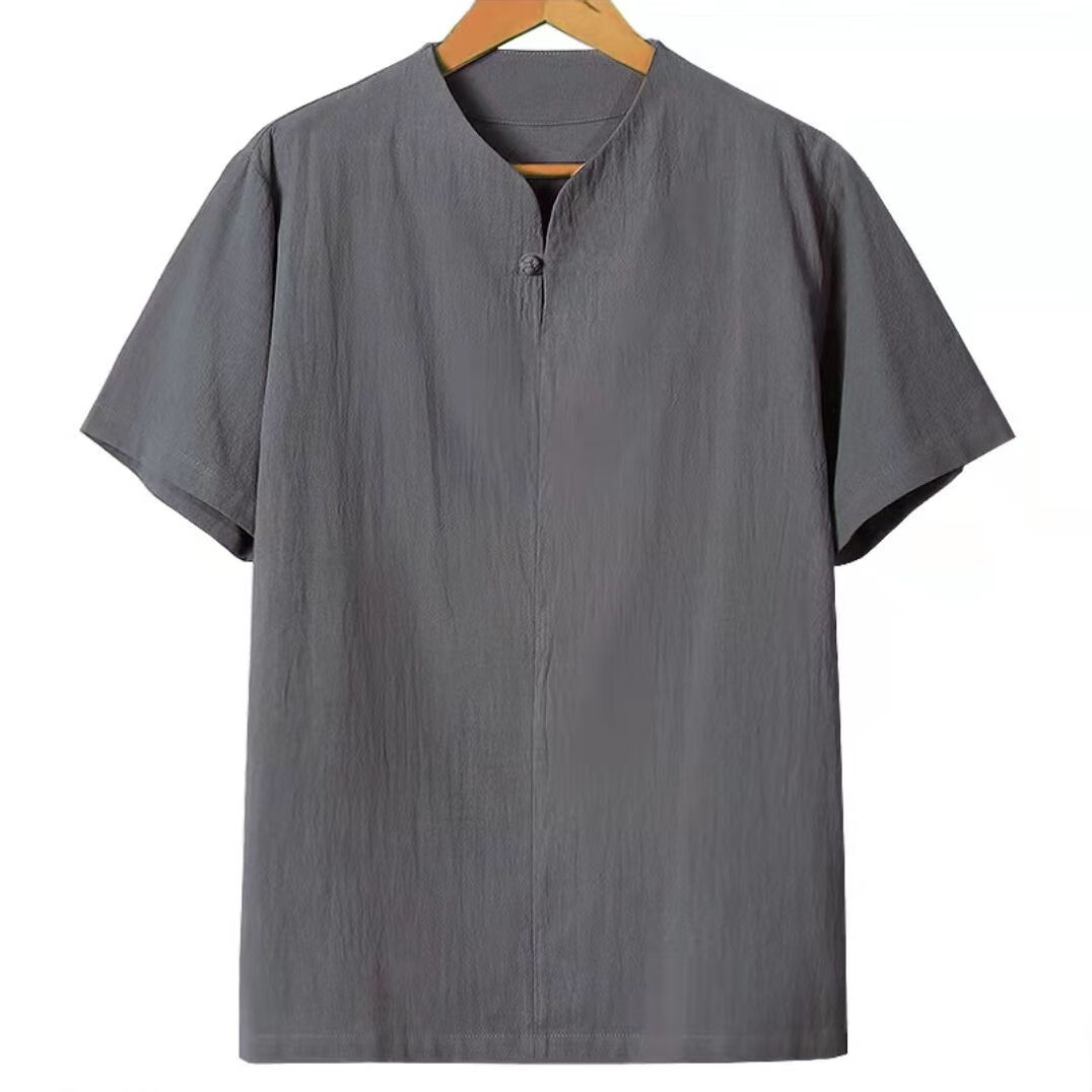 wait await亚麻短袖麻布衣服男2023中国风新款夏季棉麻体恤v领短袖加