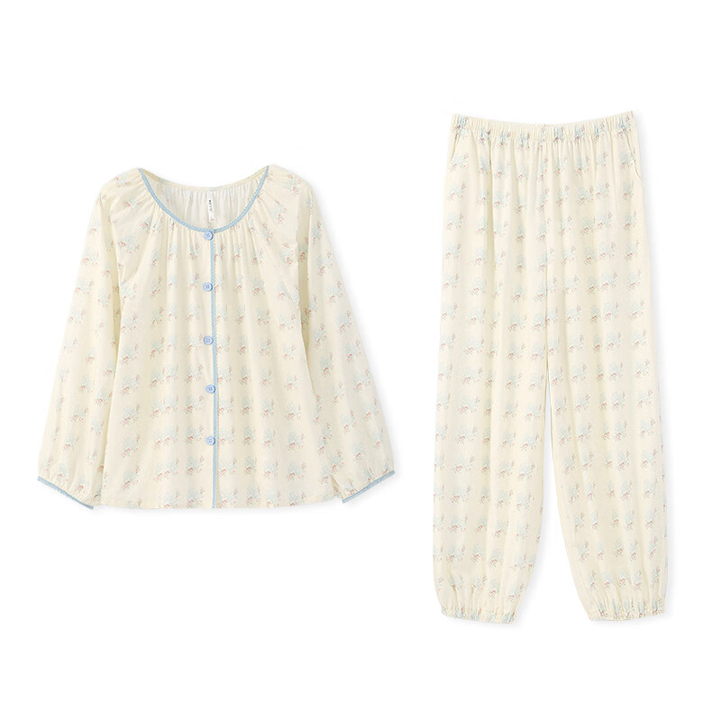 安之伴【巨柔软】睡衣女春秋季弹弹棉减龄少女感碎花长袖圆领女士家居服 贝壳黄(超柔软5%氨纶有弹力) L