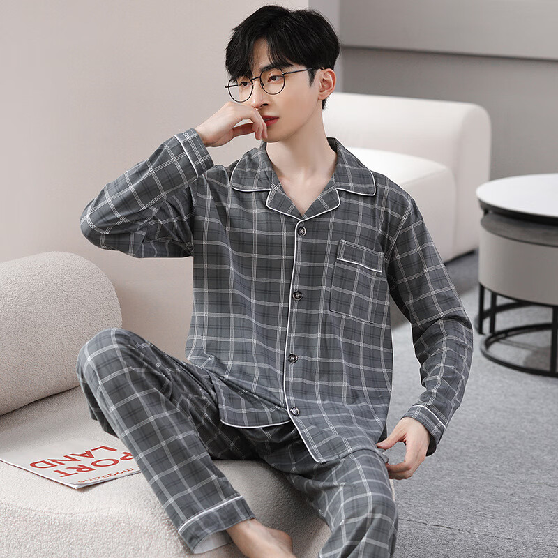佧森滋男士睡衣春秋新款棉质可外穿薄款开衫感男款家居服套装男 WR-9913 L