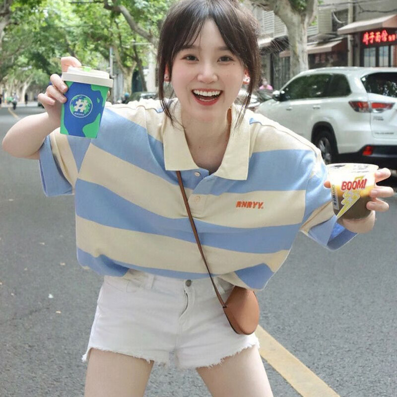 夏款女夏季显瘦格子很仙女生衫条纹短袖t恤女夏2023年新款宽松美 图片