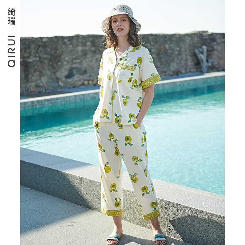 绮瑞睡衣女夏纯棉短袖长裤套装女士夏季薄款时尚感开衫家居服套装 黄色 L (适合105-120斤)