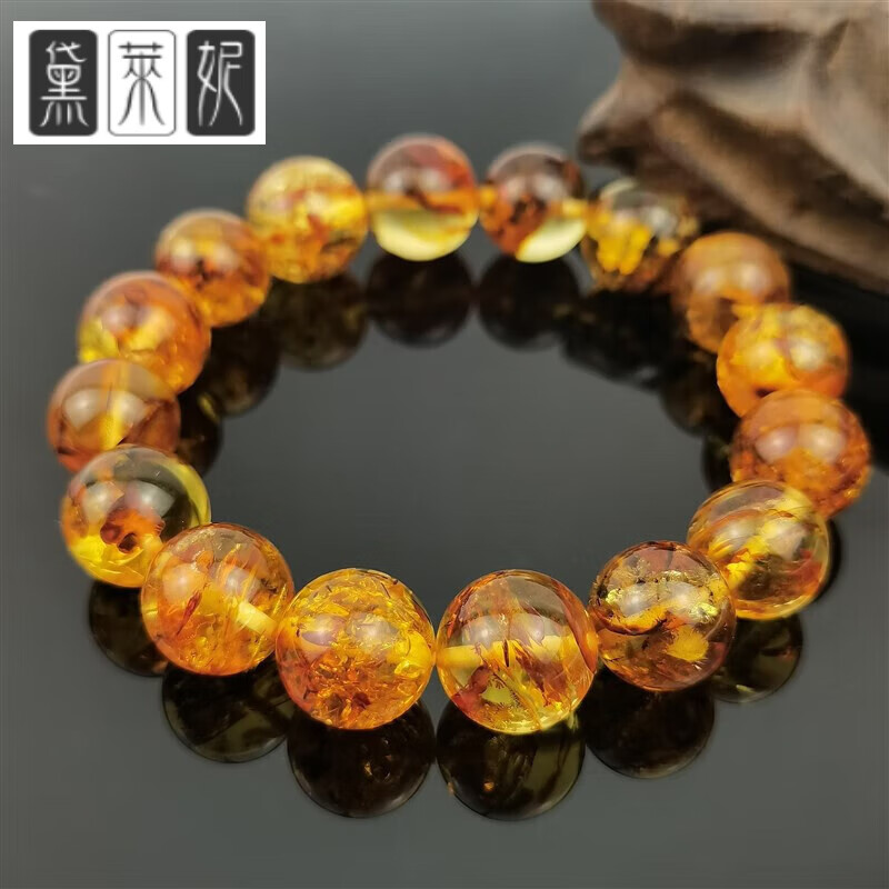 黛莱妮a天然琥珀花珀素圈原创手串圆珠单圈特别花卉植物礼物饰品 花珀