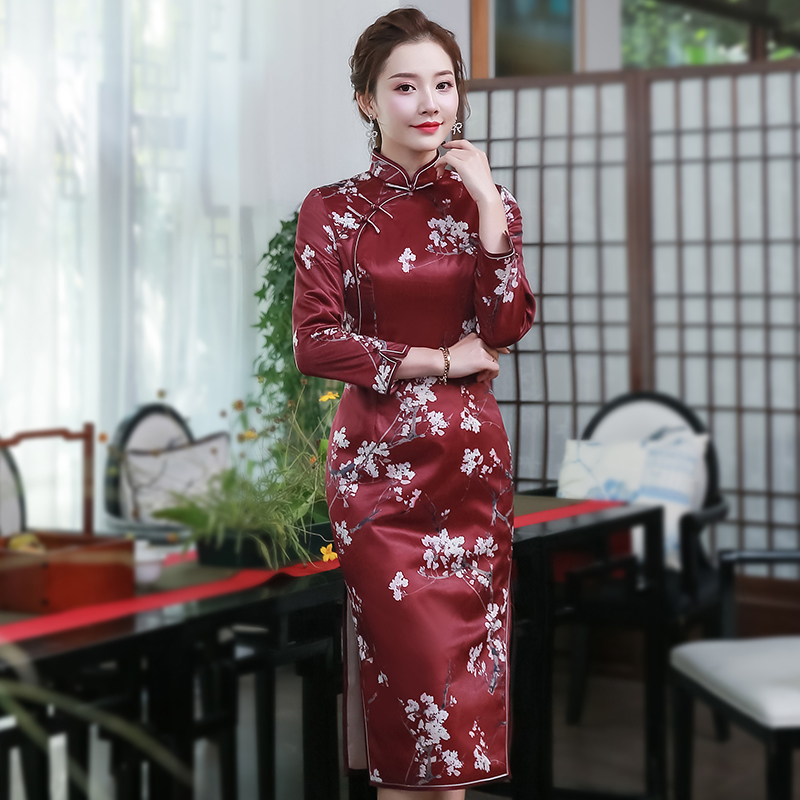 秀觀唐福香梅冬裝紅色新年復(fù)古中國風(fēng)媽媽裝婚禮夾棉旗袍喜慶禮服過年裝 酒紅色 M