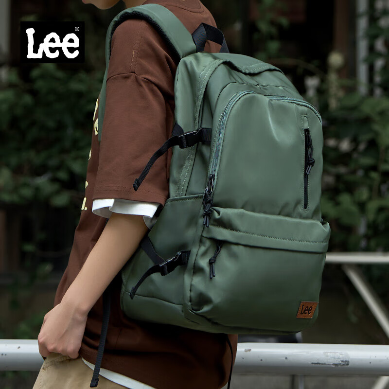 Lee潮流双肩包男高中大学生书包女休闲背包大容量旅行电脑包墨绿色