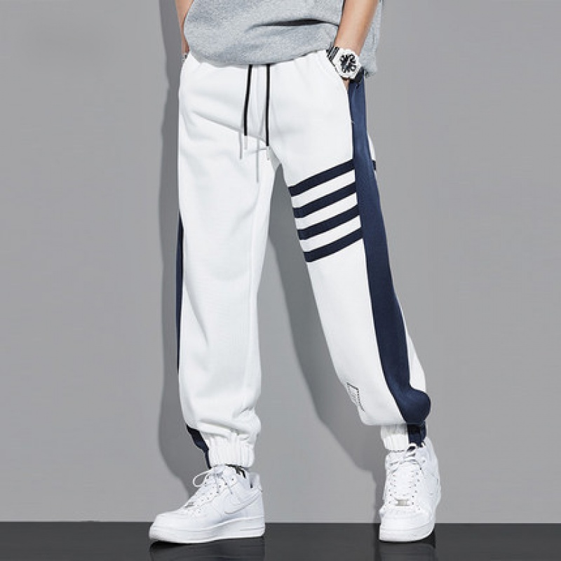 抖音同款卫裤春季新款拼接条纹运动裤男士潮流宽松时尚休闲束脚裤子卫裤男 白色 M
