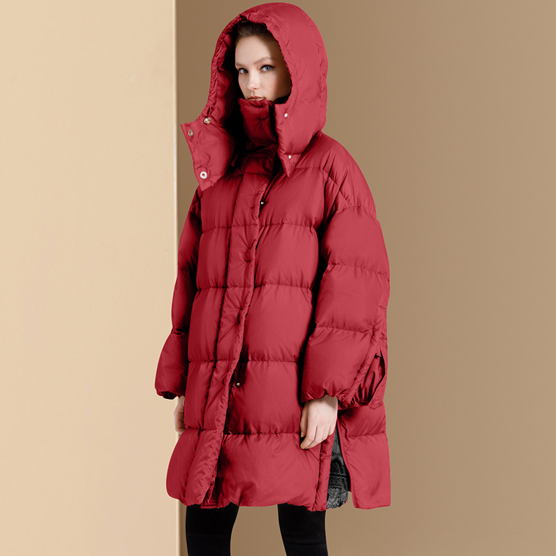 迪菲丽格2021冬季新款连帽酒红色白鸭绒羽绒服女中长款欧美时尚保暖