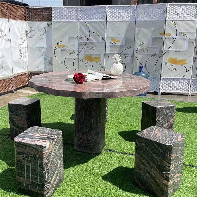 庭院花园大理石石桌家用公园长方形茶桌 幻彩红石桌花边直径90厘米
