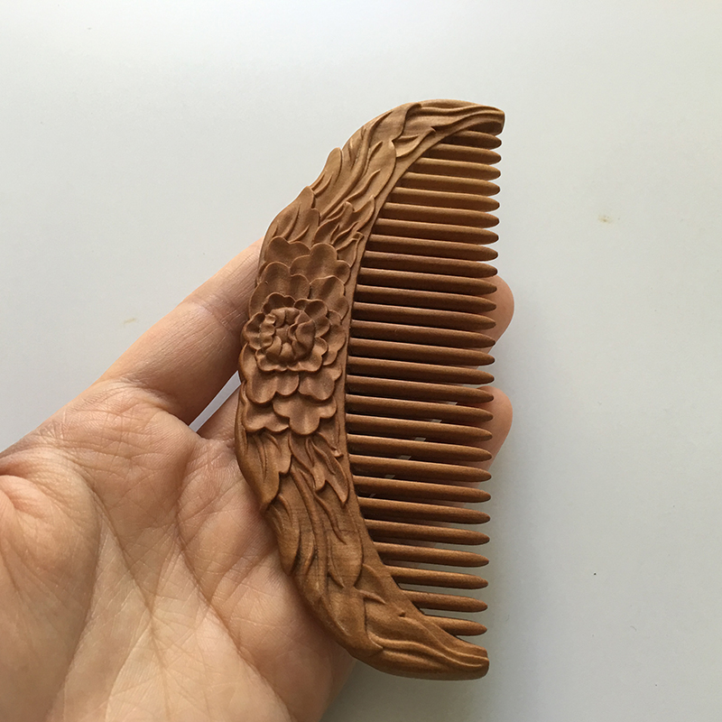 一北 印度迈索尔老山檀梳子头梳木梳工艺梳牡丹花雕刻梳子檀香木梳头