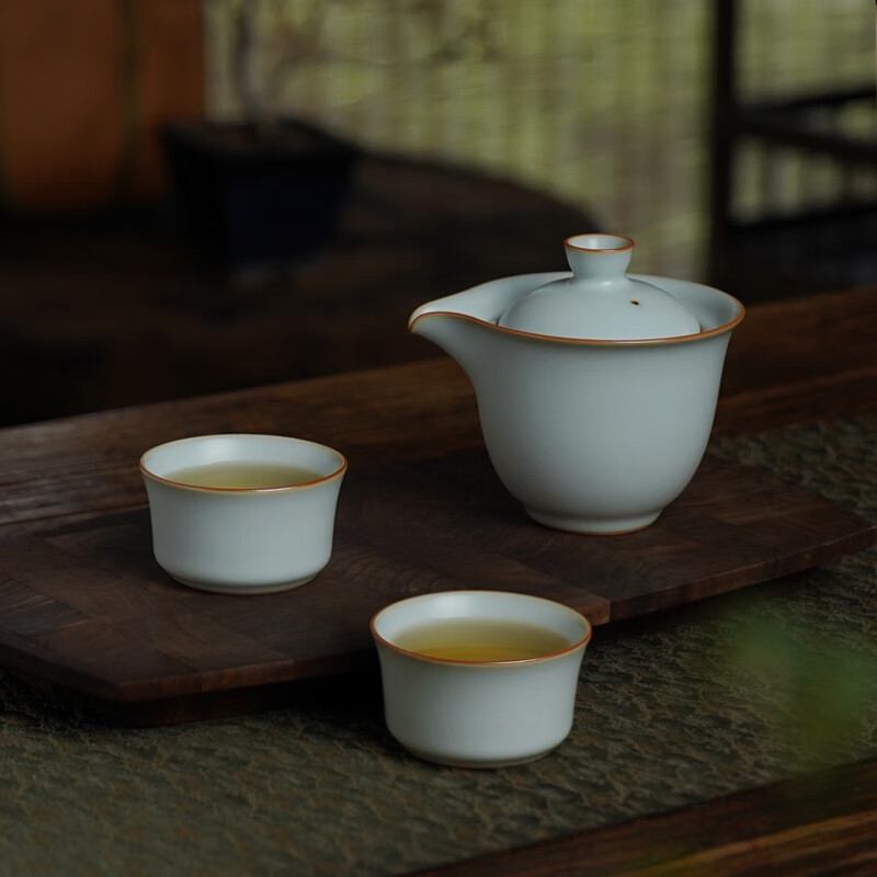 青澹汝窑整套茶具套装礼品茶杯礼盒装知己悠然茶组 知己悠然茶组(一壶两杯) 1件 天青色