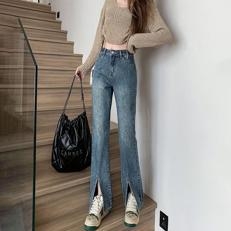 星垂晓雾学生小个子喇叭裤开叉牛仔裤女春装女喇叭裤小个子穿搭高级感