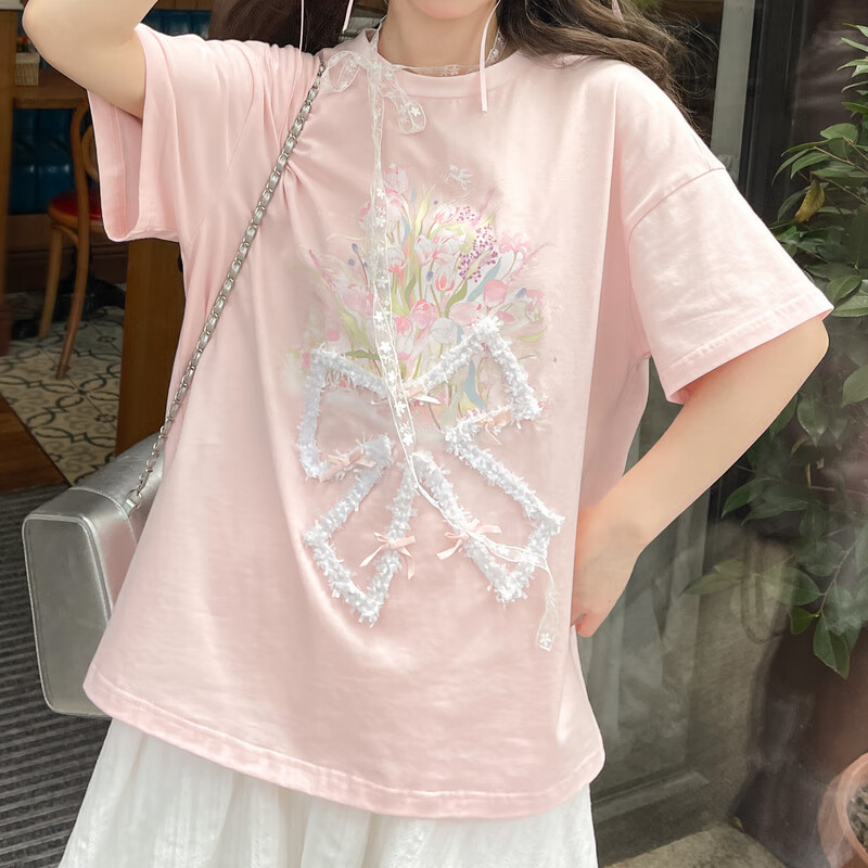 森女部落原创蝴蝶结立体设计感闺蜜装T恤2024年夏季新款女装衣服 粉色 S