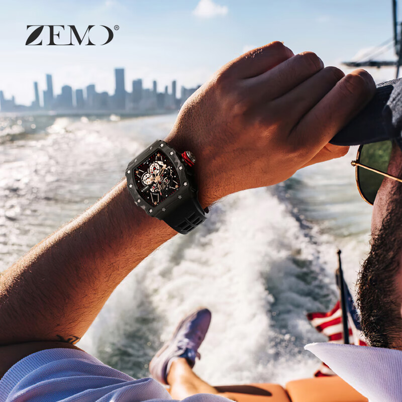 ZEMO男士手表十大品牌名牌表查理德镂空全自动机械表瑞士米勒高端男表 黑红橡胶带 超轻耐磨碳纤维