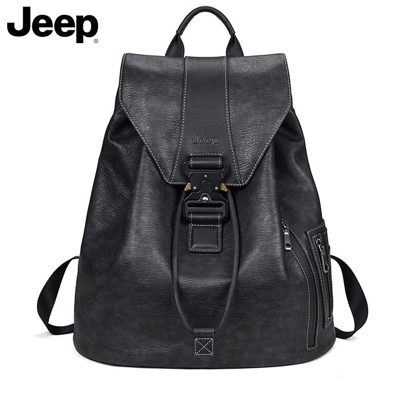 jeep双肩包男真皮休闲商务笔记本电脑包15英寸出差旅行男包 黑色