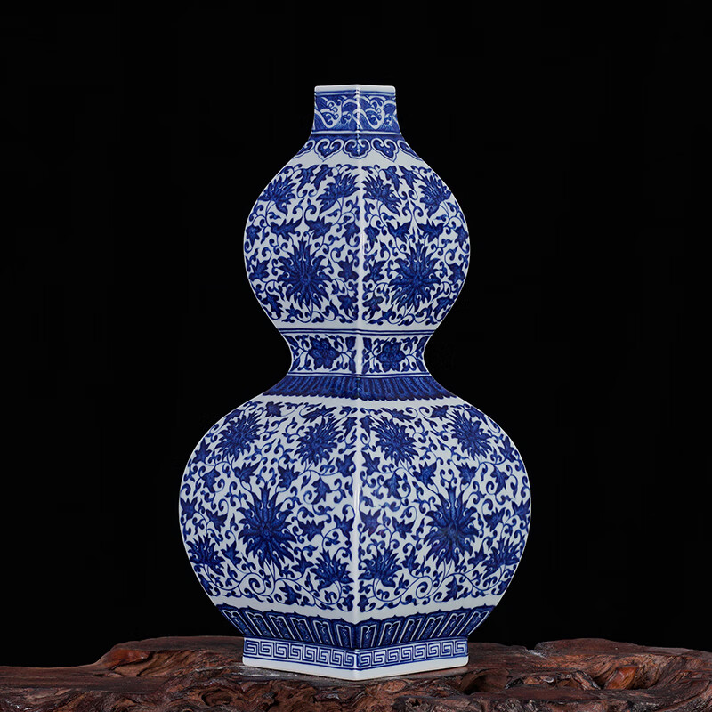 周胜堂 景德镇陶瓷花瓶 手绘仿古青花瓷缠枝莲葫芦客厅中式工艺装饰品