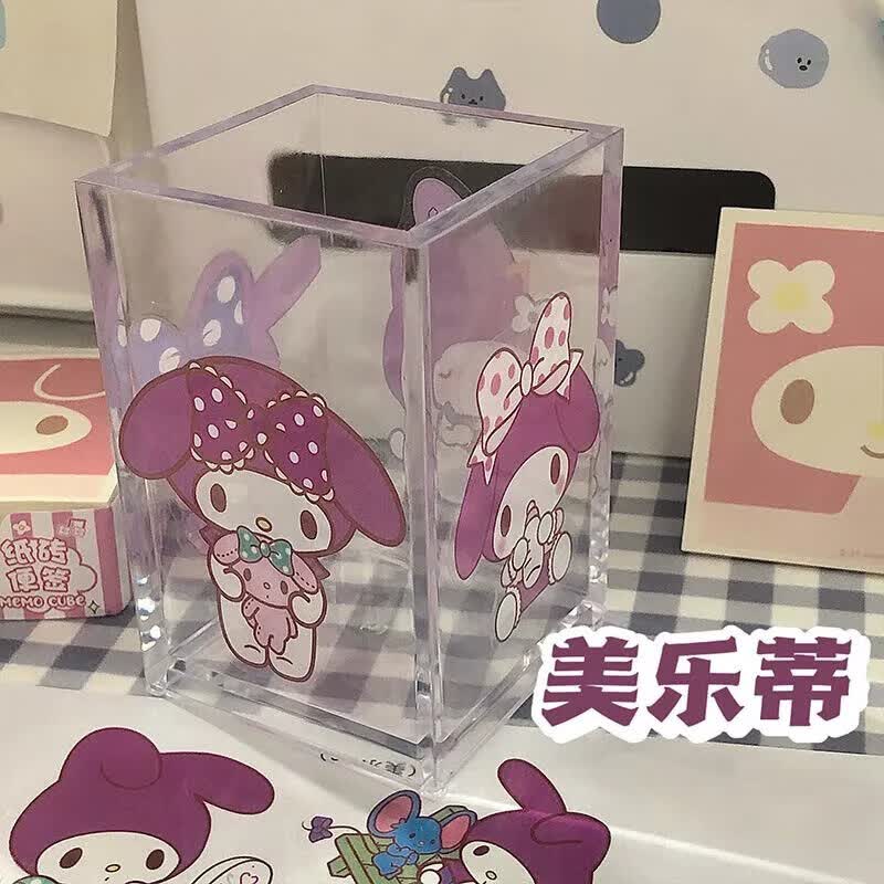 宸学文具 文具【抖音】无印风透明亚克力笔筒学生文具整理收纳盒简约个性桌面杂物收纳筒 透明亚克力笔筒+美乐蒂贴纸*个性*2