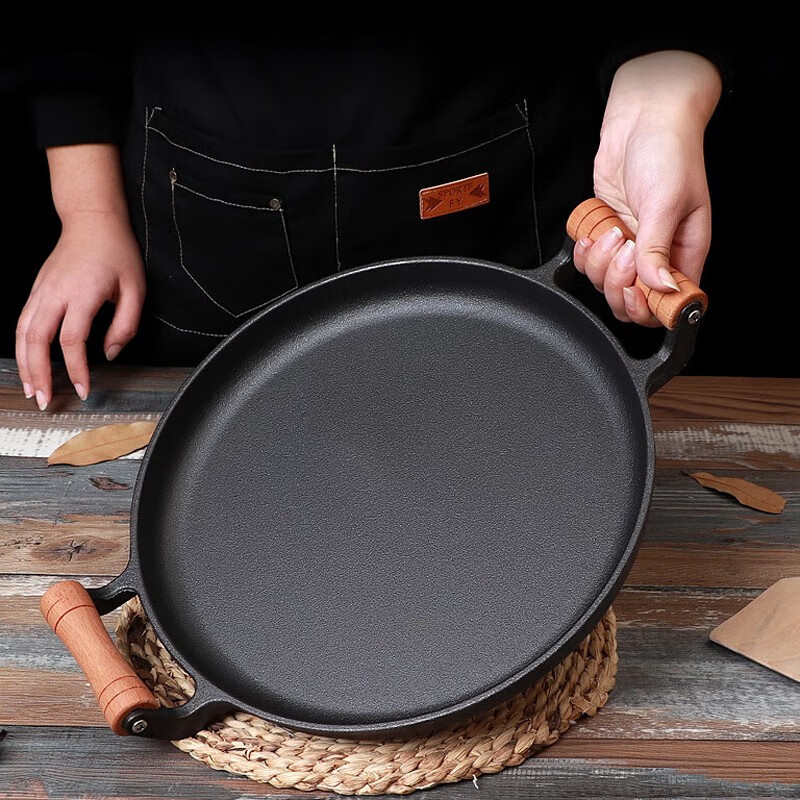 煦安木柄平底煎锅烙饼锅平底锅铸铁煎饼锅鏊子摊煎饼果子锅不粘烤肉锅