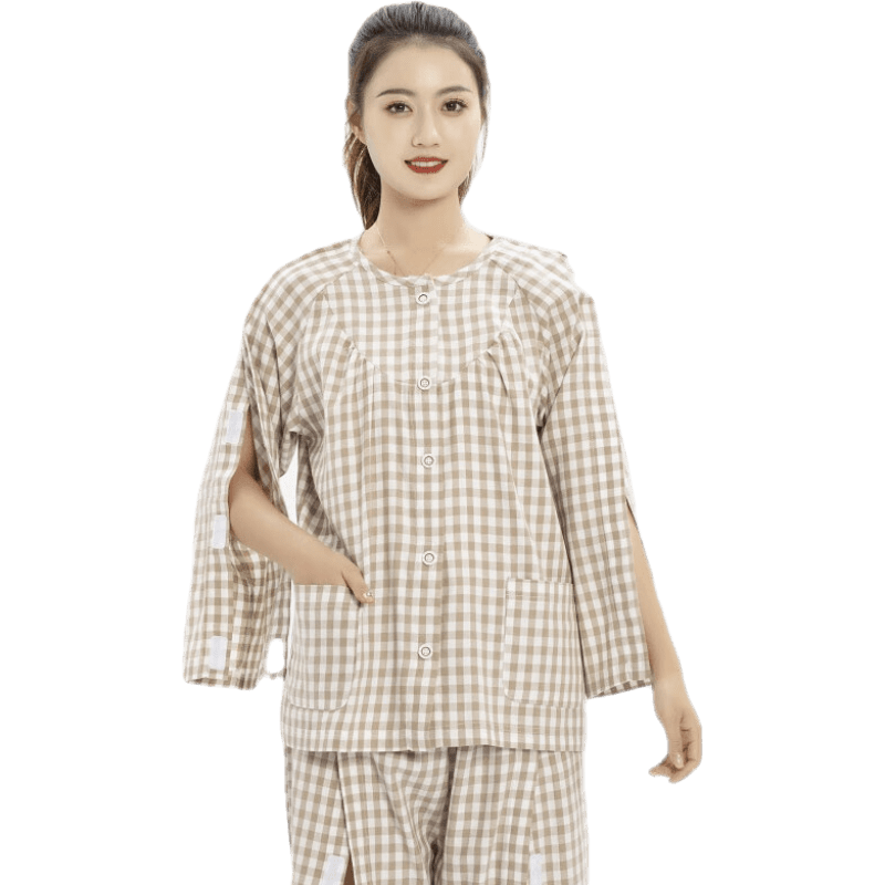 衣普西隆易穿脫病號服術后護理服棉格子臥床偏癱瘓老年病人康復穿睡衣 女咖啡格上衣 XL