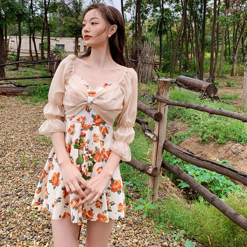 韩版ins风保守显瘦遮肉日系泡温泉泳装2022女秋时尚可爱少女学生遮肚