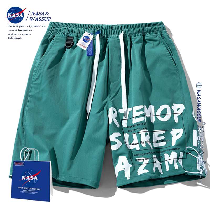 NASA WASSUP官方潮牌联名短裤男夏季松紧沙滩裤字母印花糖果色速干男士五分裤 蓝色 L （建议110-140斤）