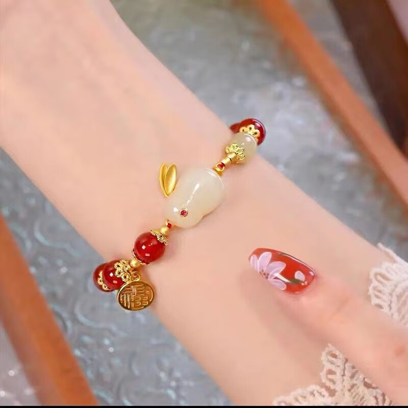 韩泊莉（HANBOLI）美妆工具 本命年红玛瑙玉兔手链2023年学生纯银和田玉兔子手串 2串
