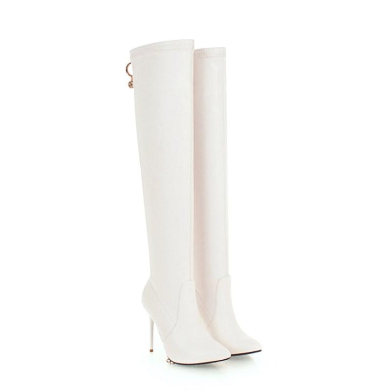 细高跟过膝长筒皮靴细跟长靴性感尖头靴骑士靴跳舞高跟鞋及膝靴 白色