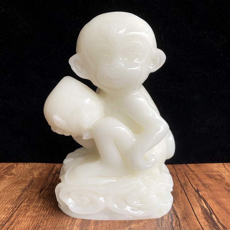 天然玉雕白玉贺寿猴子摆件玉石生肖猴家居电视柜装饰祝福生日礼品 高