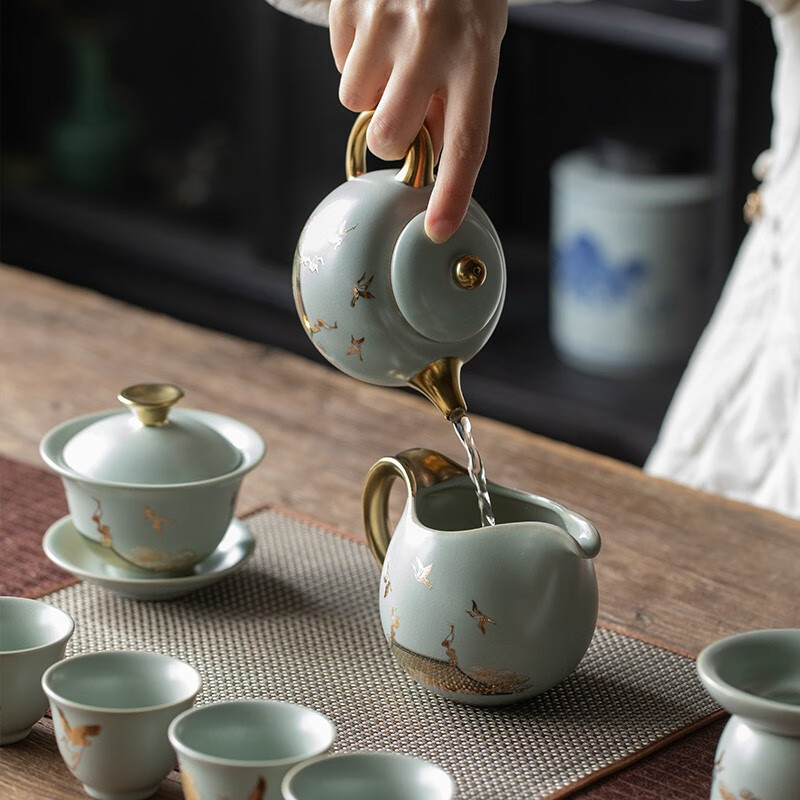 京峰阁 功夫茶具套装 茶壶汝窑瑞鹤呈祥盖碗茶杯可开片高档轻奢家用送礼 瑞鹤呈祥贵妃壶套装 6人饮 11件