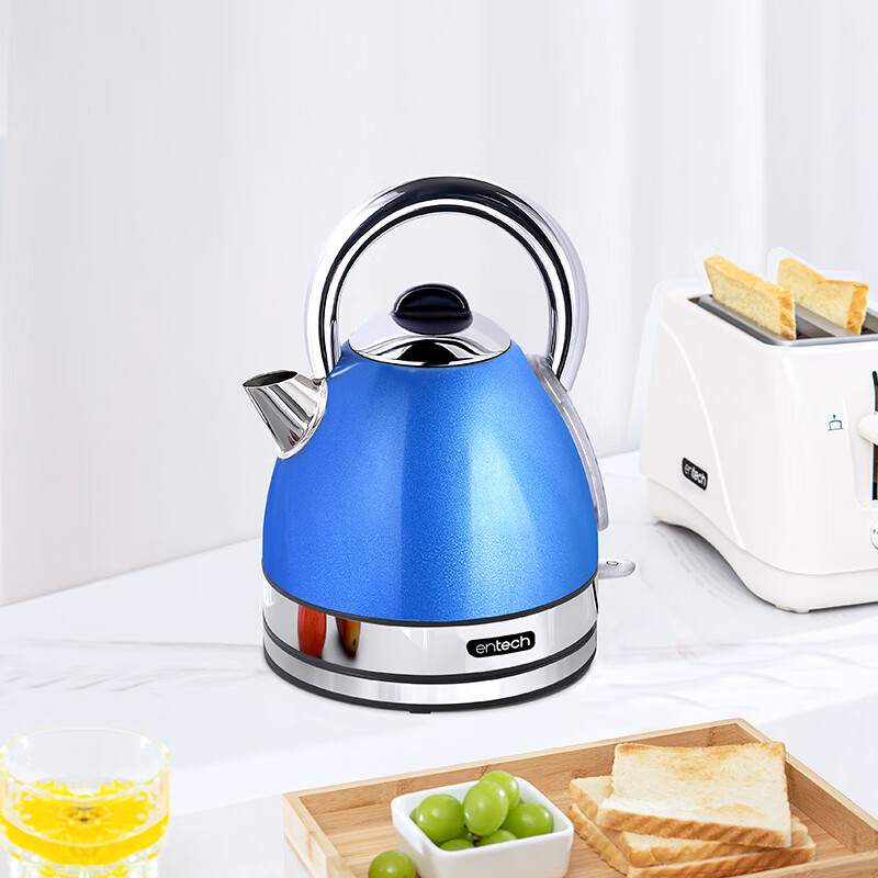 一特(EnTech)1800W快速烧水壶家用高颜值电热水壶大容量分体式加厚304不锈钢大功率插电烧水自动断电防干烧 1.7L 专柜款-海洋蓝(带水窗)