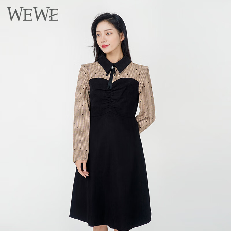 wewe唯唯冬季新品女装复古文艺风时尚通勤连衣裙气质显瘦a字裙 黑色 s
