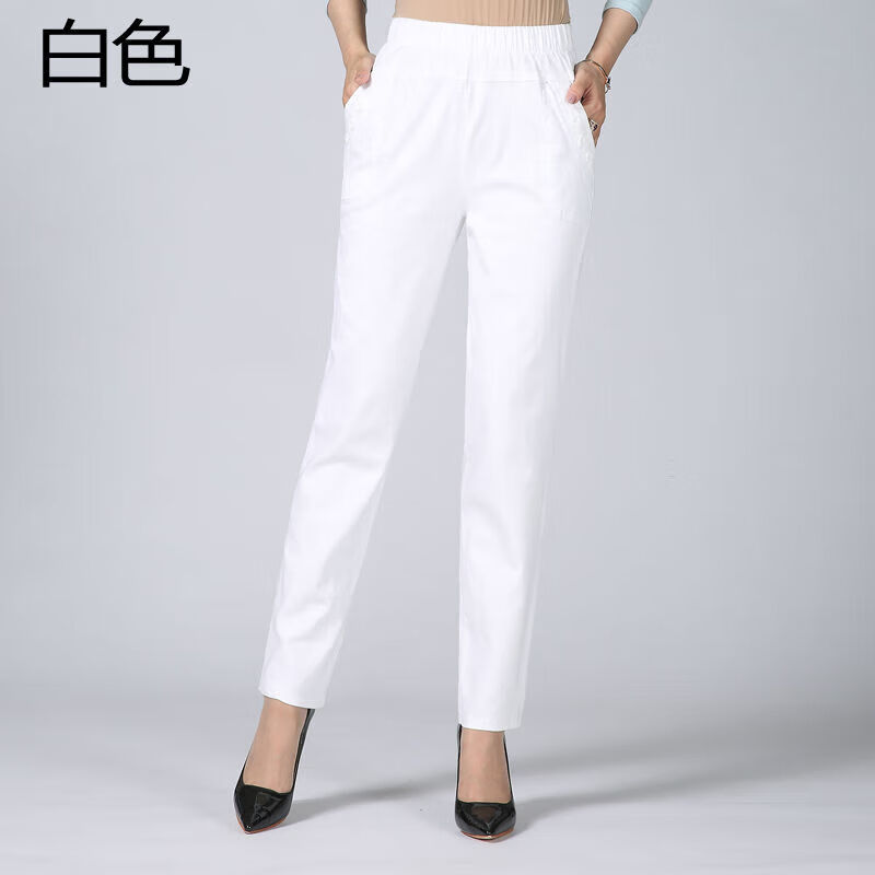 万派摩高腰春夏装长裤女松紧腰人女裤直筒休闲白色休闲裤子女 白色