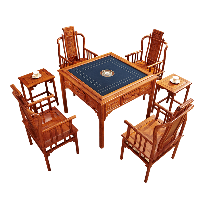 品木客  红木家具非洲花梨(学名:刺猬紫檀)实木麻将桌 古典客厅家用全自动棋牌桌休闲桌 七件套(一桌+4椅子+2边几)带机芯