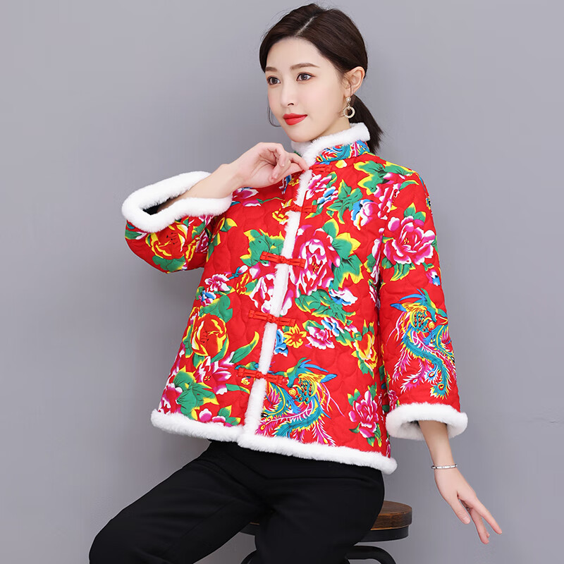 大花袄女冬季大棉袄加厚夹棉棉服复古盘扣棉衣时尚农村花棉袄 红色 m