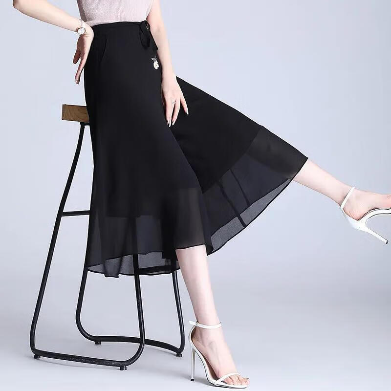 佑莱客7分裤雪纺裙裤夏天七分女阔腿裤宽松小个子女夏季显瘦高腰垂感