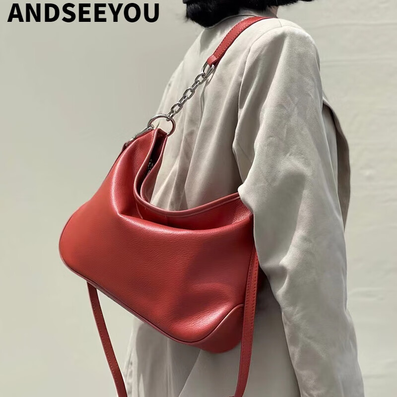 真皮腋下包单肩包韩版时尚休闲链条斜挎液下褶皱头层牛皮手提包 红色