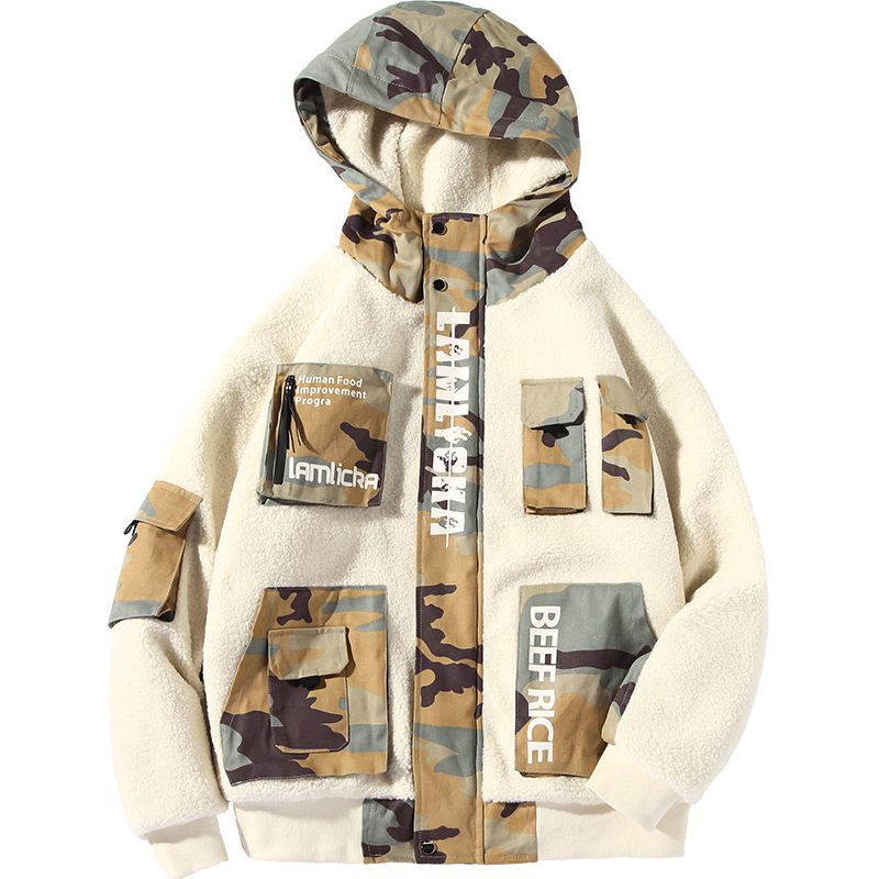 supreme)棉服潮牌冬季加绒加厚羊羔绒迷彩拼接撞色宽松大码棉服外套