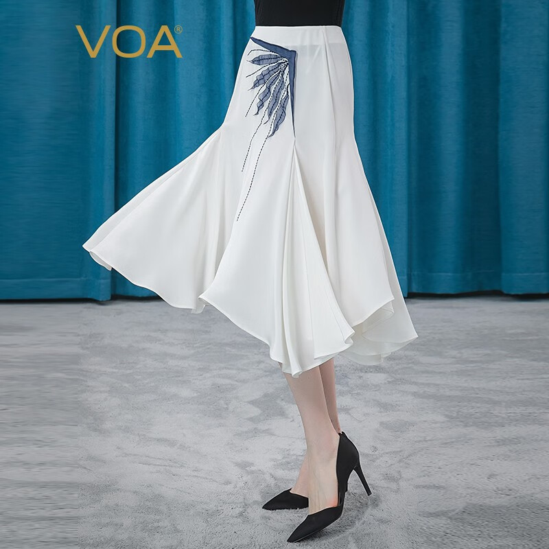 VOA重磅真丝30姆米自然腰欧根纱立体装饰拱针大摆桑蚕丝半身裙 CE39 牛奶白（W97） 160/M