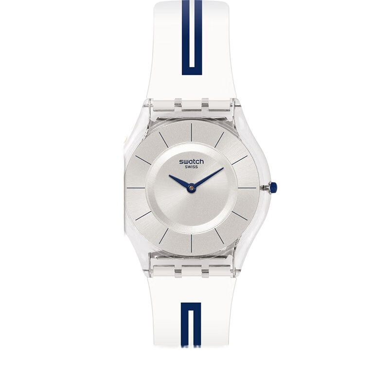 swatch 斯沃琪 纖薄系列簡(jiǎn)約優(yōu)雅藍色條紋石英超薄手表情侶男女士腕表 白色 SFE112