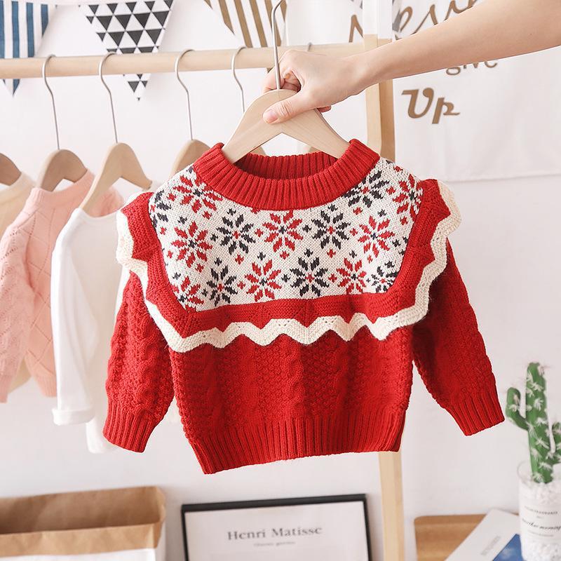 毛衣女童提花套衫宝宝针织衫上衣zmh 红色【f401八角花花边套头衫】