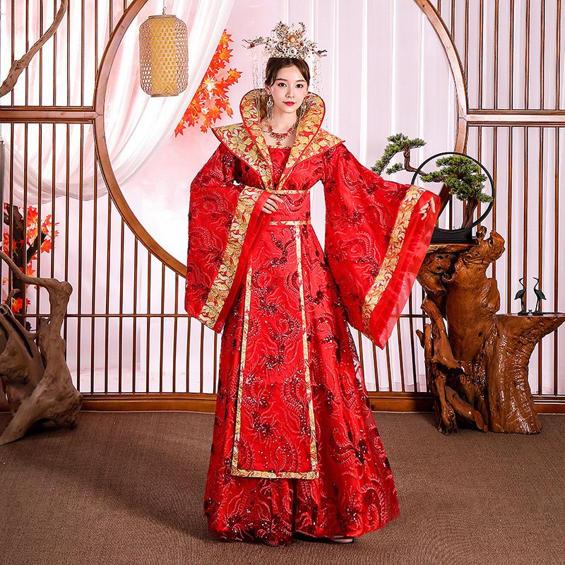 女汉服冬季款贵妃服装拖尾唐朝古代皇后公主宫廷中国风演出服 红色